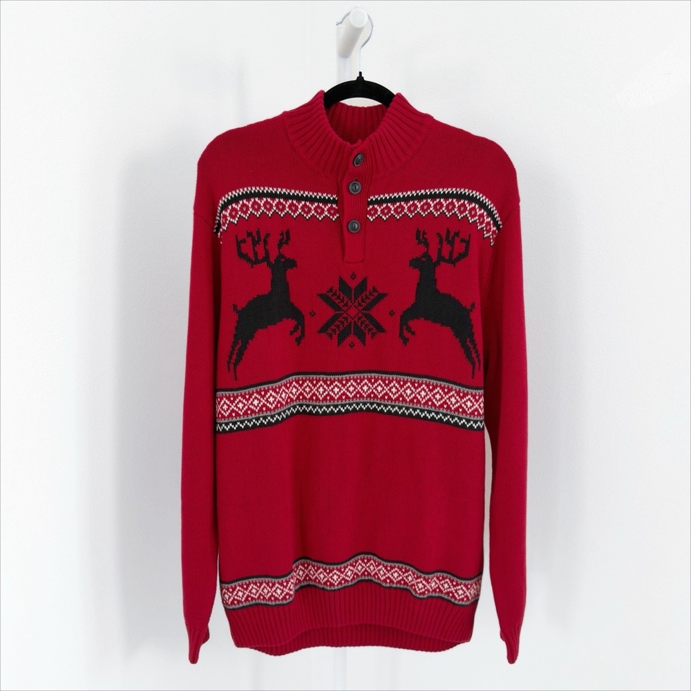 NEW Chaps Sweater Mens XL Red Reindeer Christmas Sweater Snowflake Holiday Knit